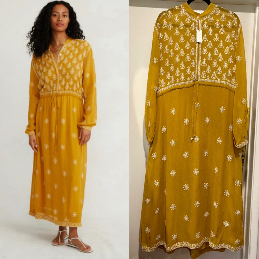 Chan Luu Embroidered Long Sleeve Dress Canary Yellow Gold One Size Gorgeous NWT